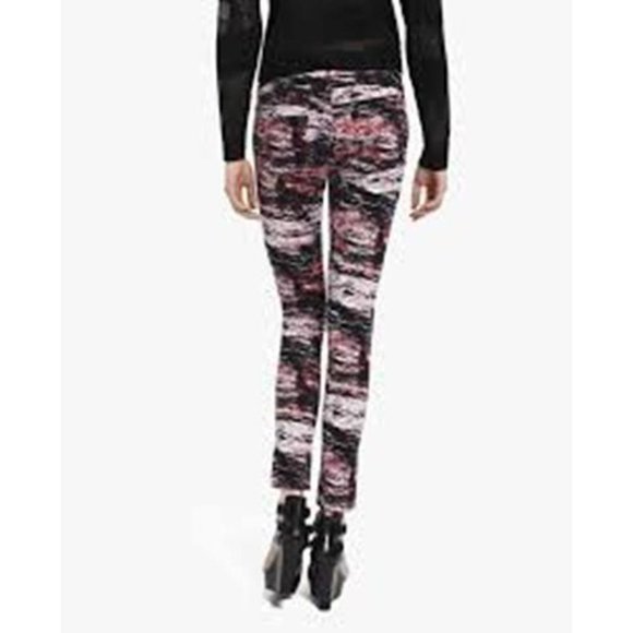 $215 THE KOOPLES Wood Print JEANS Skinny Slim SKIN Skull Buttons RED BLACK Multi - Picture 3 of 6